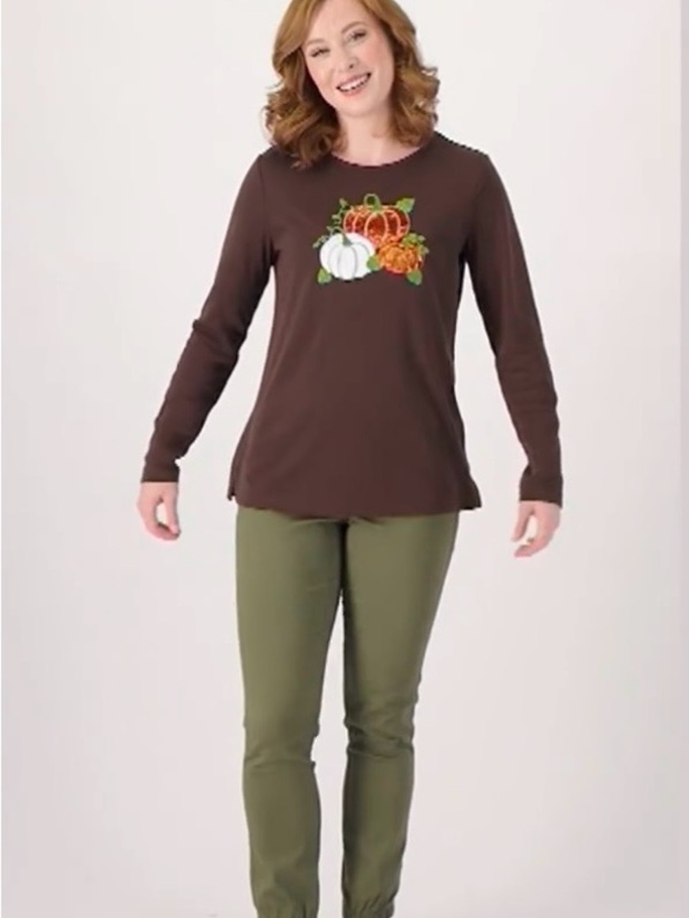Quacker Factory Espresso Long-Sleeve Top with Embroidered & Sequin Pumpkins
